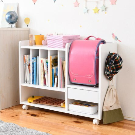 ランドセルラック カウンター下 多機能 幅80 高さ62.5 奥行30 ランドセル 収納 キャスター付き 木製 本棚 ホワイト(代引不可)