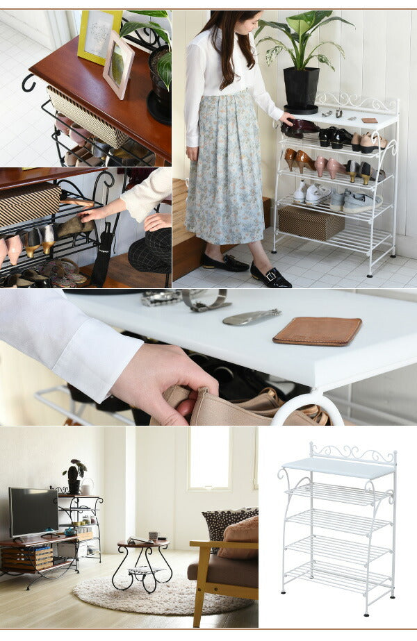 ヨーロッパ風 ロートアイアン 家具 靴箱 兼 飾り棚 幅61.5 シューズボックス 下駄箱 シューズラック 靴 収納 ブラック(代引不可)