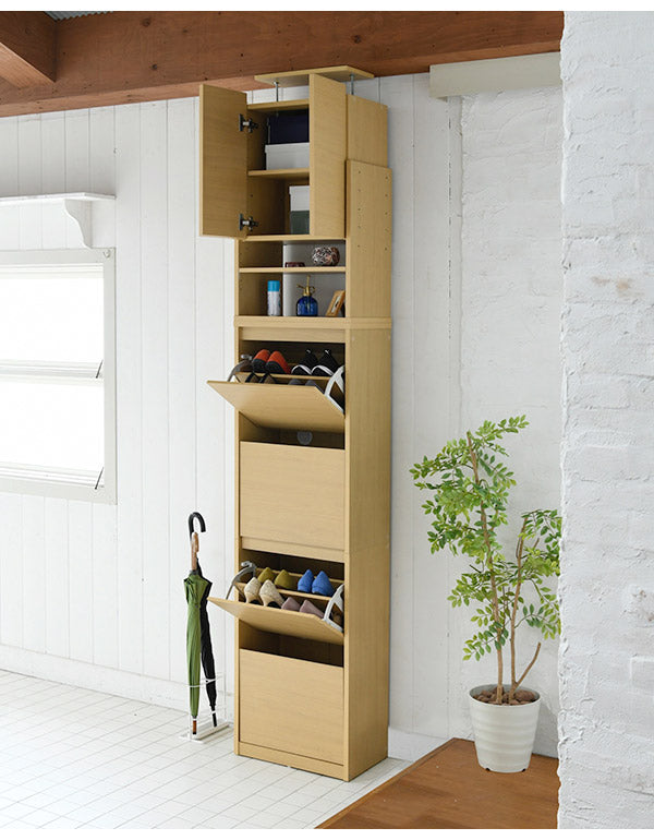 下駄箱 スリム 4段 上置き付き つっぱり フラップ 扉 付き 幅49 奥行29 高さ237~250 大容量 最大24足 薄型 靴箱(代引不可)