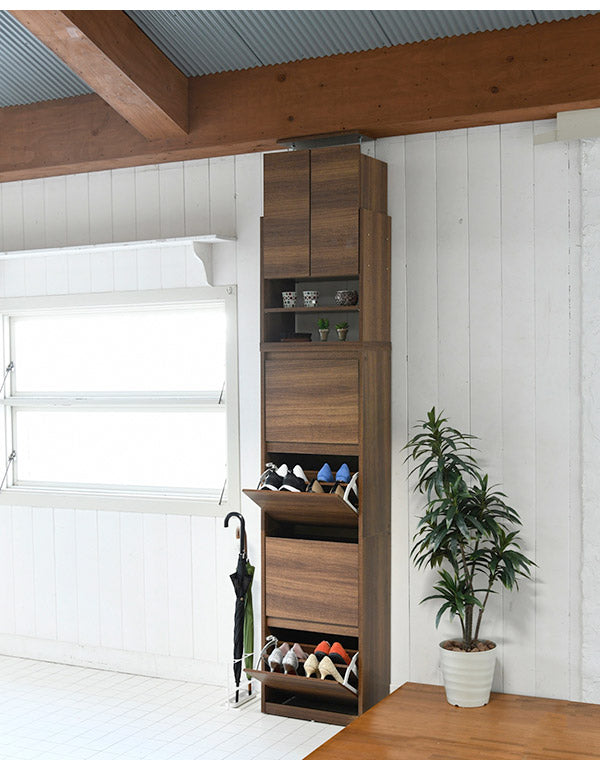 下駄箱 スリム 4段 上置き付き つっぱり フラップ 扉 付き 幅49 奥行29 高さ237~250 大容量 最大24足 薄型 靴箱(代引不可)