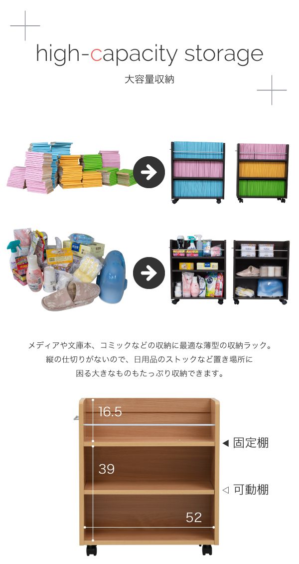 クローゼット 収納 ラック 本棚 2個セット 幅19 奥行58 キャスター付き ワゴン 整理 隙間 家具 押入れ 収納 リビング ナチュラル(代引不可)