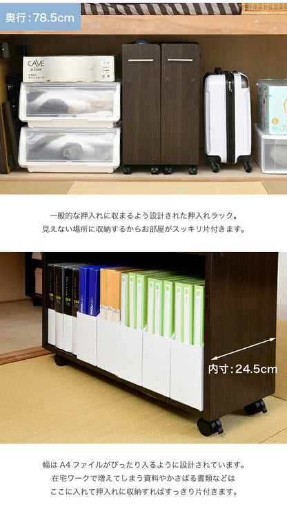 押入れ ラック 収納 ラック 本棚 2個セット 幅26 奥行78 キャスター付き 隙間 ワイド ワゴン 棚 3段 大容量 CD DVD 本 漫画 整理 押し入れ収納 スライド(代引不可)