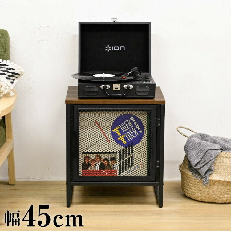 ヴィンテージ調 レコード収納付きサイドテーブル 幅45 メッシュ扉 ディスプレイラック レコードラック レコード収納 男前 インダストリアル ブルックリン(代引不可)