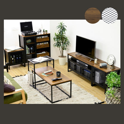 ヴィンテージ調 レコード収納付きサイドテーブル 幅45 メッシュ扉 ディスプレイラック レコードラック レコード収納 男前 インダストリアル ブルックリン(代引不可)