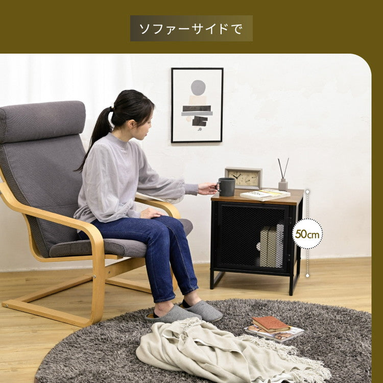 ヴィンテージ調 レコード収納付きサイドテーブル 幅45 メッシュ扉 ディスプレイラック レコードラック レコード収納 男前 インダストリアル ブルックリン(代引不可)