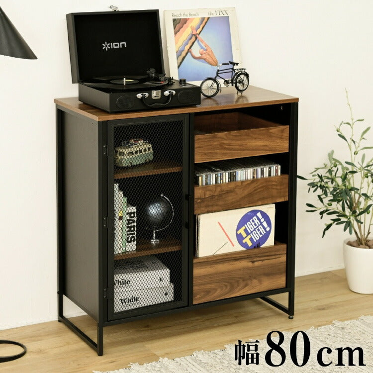 ヴィンテージ調 レコード収納 ディスプレイラック 幅80 CD DVD レコードラック ハイタイプ キャビネット 脚付き コレクションラック メッシュ扉 レコード収納 男前 インダストリアル ブルックリン(代引不可)