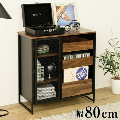 ヴィンテージ調 レコード収納 ディスプレイラック 幅80 CD DVD レコードラック ハイタイプ キャビネット 脚付き コレクションラック メッシュ扉 レコード収納 男前 インダストリアル ブルックリン(代引不可)