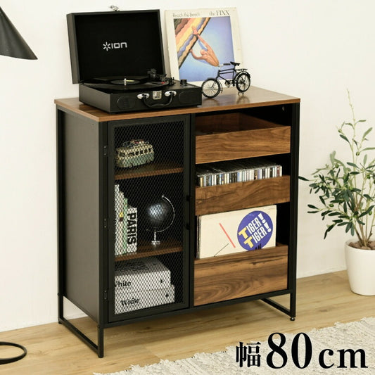 ヴィンテージ調 レコード収納 ディスプレイラック 幅80 CD DVD レコードラック ハイタイプ キャビネット 脚付き コレクションラック メッシュ扉 レコード収納 男前 インダストリアル ブルックリン(代引不可)