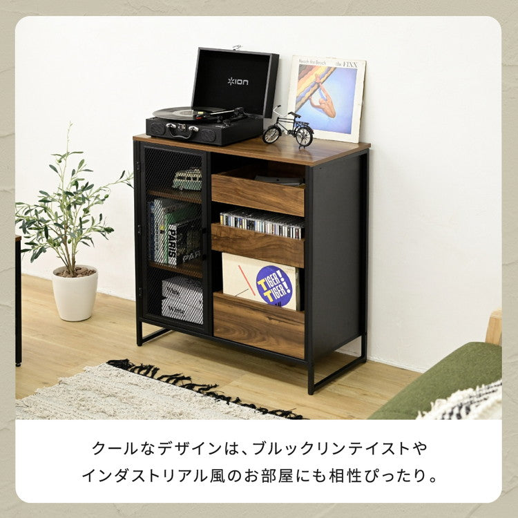 ヴィンテージ調 レコード収納 ディスプレイラック 幅80 CD DVD レコードラック ハイタイプ キャビネット 脚付き コレクションラック メッシュ扉 レコード収納 男前 インダストリアル ブルックリン(代引不可)