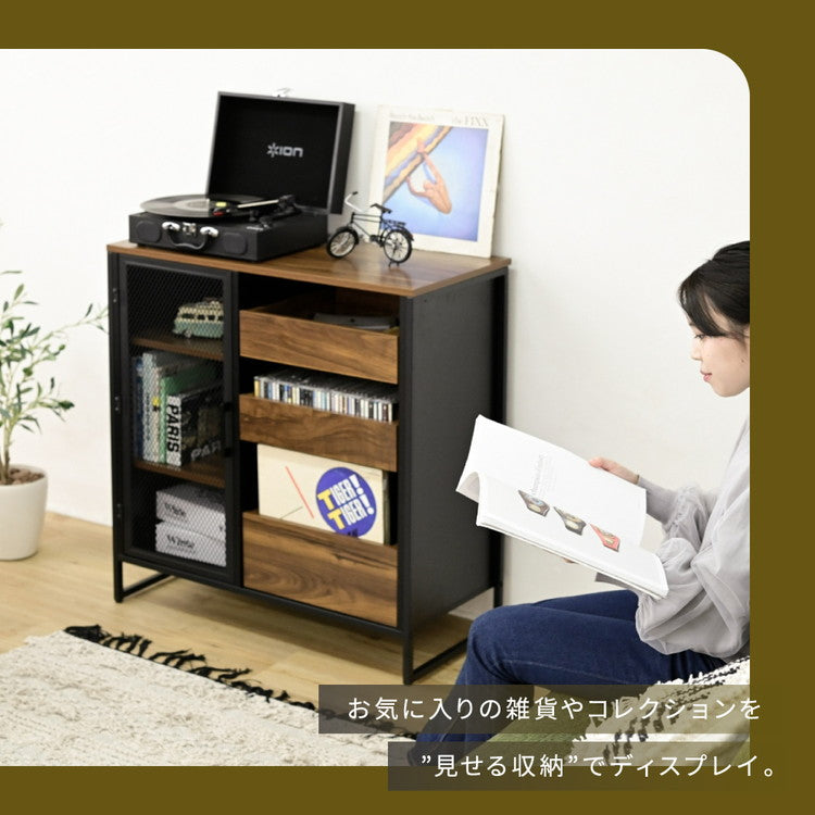ヴィンテージ調 レコード収納 ディスプレイラック 幅80 CD DVD レコードラック ハイタイプ キャビネット 脚付き コレクションラック メッシュ扉 レコード収納 男前 インダストリアル ブルックリン(代引不可)