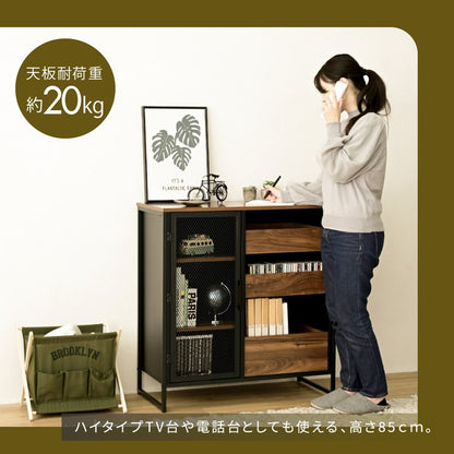 ヴィンテージ調 レコード収納 ディスプレイラック 幅80 CD DVD レコードラック ハイタイプ キャビネット 脚付き コレクションラック メッシュ扉 レコード収納 男前 インダストリアル ブルックリン(代引不可)