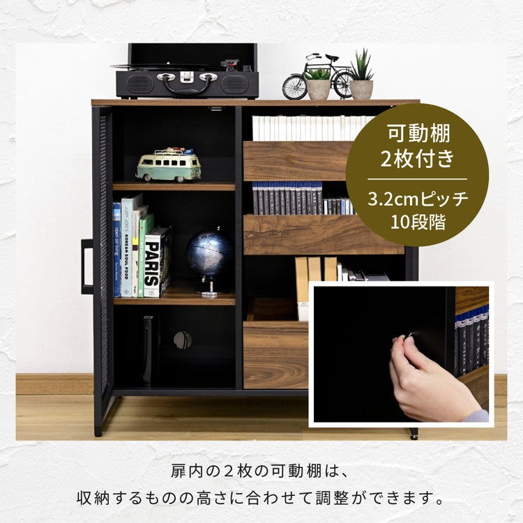 ヴィンテージ調 レコード収納 ディスプレイラック 幅80 CD DVD レコードラック ハイタイプ キャビネット 脚付き コレクションラック メッシュ扉 レコード収納 男前 インダストリアル ブルックリン(代引不可)