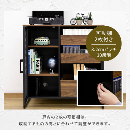 ヴィンテージ調 レコード収納 ディスプレイラック 幅80 CD DVD レコードラック ハイタイプ キャビネット 脚付き コレクションラック メッシュ扉 レコード収納 男前 インダストリアル ブルックリン(代引不可)