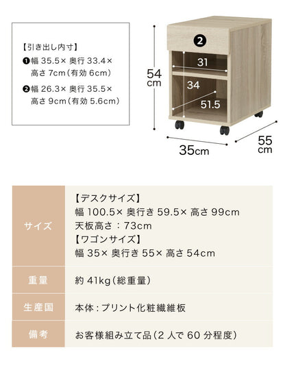 大人になっても使える 学習デスク 学習机 棚付き ワゴン付き 幅100cm 勉強デスク デスク シェルフ ワゴン FAX台 勉強机 子供 子ども 子供部屋 組み合わせ
