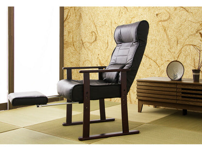 木製肘付リクライニング高座椅子(フットレスト付) ヘッドレスト 肘掛 椅子 高齢者 介護 立ち座り 和室 レバー オットマン 黒(代引不可)