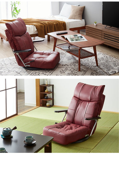 本革使用 リクライニング回転座椅子 跳ね上げ式 14段ギア搭載 肘掛け付き 360度回転 牛革 座椅子 座いす リクライニング(代引不可)