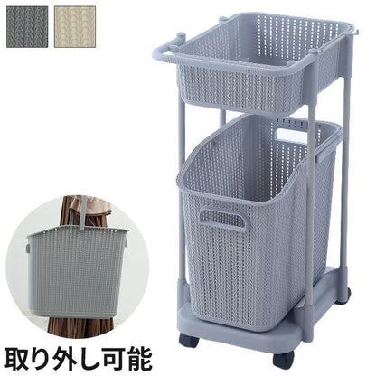 ラタン調 ランドリーバスケット 樹脂製 2段 キャスター付き ニット調 ランドリーラック ワゴン ランドリー収納 サニタリー収納 脱衣所 洗面所 リビング(代引不可)