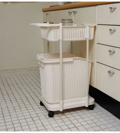 ラタン調 ランドリーバスケット 樹脂製 2段 キャスター付き ニット調 ランドリーラック ワゴン ランドリー収納 サニタリー収納 脱衣所 洗面所 リビング(代引不可)