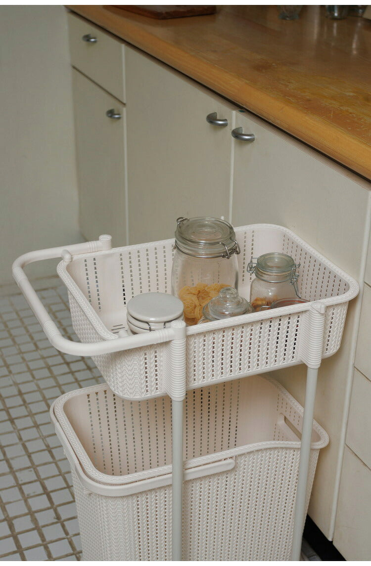 ラタン調 ランドリーバスケット 樹脂製 2段 キャスター付き ニット調 ランドリーラック ワゴン ランドリー収納 サニタリー収納 脱衣所 洗面所 リビング(代引不可)