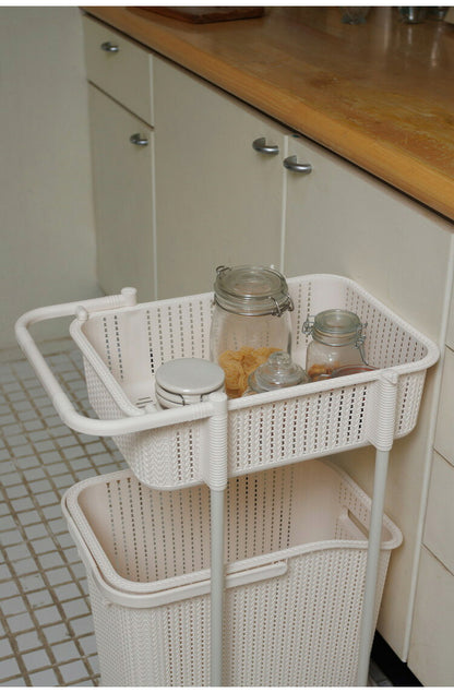 ラタン調 ランドリーバスケット 樹脂製 2段 キャスター付き ニット調 ランドリーラック ワゴン ランドリー収納 サニタリー収納 脱衣所 洗面所 リビング(代引不可)