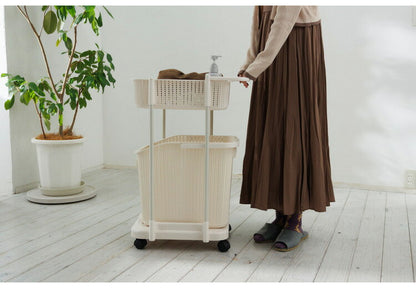 ラタン調 ランドリーバスケット 樹脂製 2段 キャスター付き ニット調 ランドリーラック ワゴン ランドリー収納 サニタリー収納 脱衣所 洗面所 リビング(代引不可)