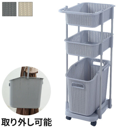 ラタン調 ランドリーバスケット 樹脂製 3段 浅型 キャスター付き ニット調 ランドリーラック ワゴン ランドリー収納 サニタリー収納 脱衣所 洗面所 リビング(代引不可)