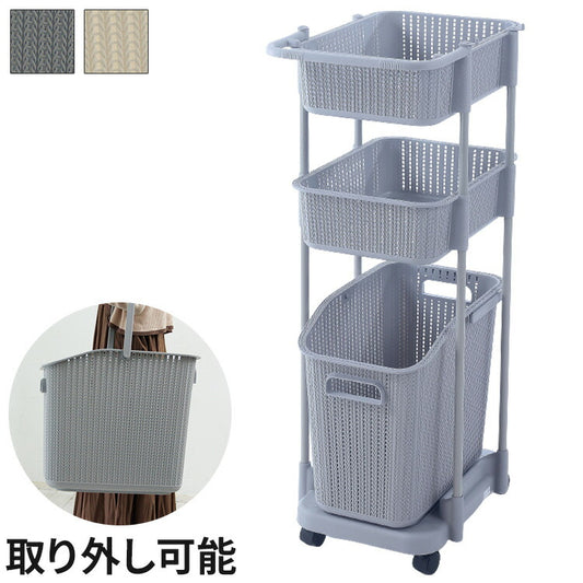 ラタン調 ランドリーバスケット 樹脂製 3段 浅型 キャスター付き ニット調 ランドリーラック ワゴン ランドリー収納 サニタリー収納 脱衣所 洗面所 リビング(代引不可)