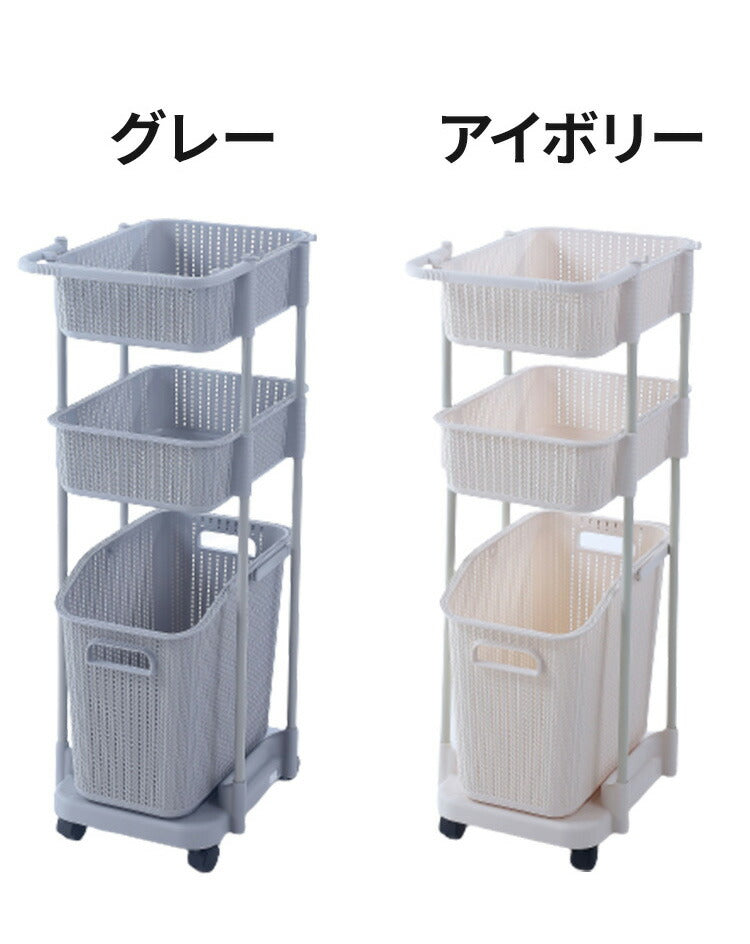 ラタン調 ランドリーバスケット 樹脂製 3段 浅型 キャスター付き ニット調 ランドリーラック ワゴン ランドリー収納 サニタリー収納 脱衣所 洗面所 リビング(代引不可)