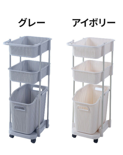 ラタン調 ランドリーバスケット 樹脂製 3段 浅型 キャスター付き ニット調 ランドリーラック ワゴン ランドリー収納 サニタリー収納 脱衣所 洗面所 リビング(代引不可)