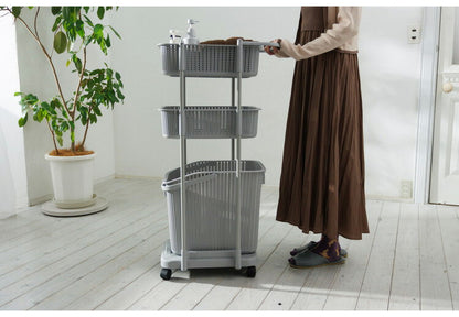 ラタン調 ランドリーバスケット 樹脂製 3段 浅型 キャスター付き ニット調 ランドリーラック ワゴン ランドリー収納 サニタリー収納 脱衣所 洗面所 リビング(代引不可)