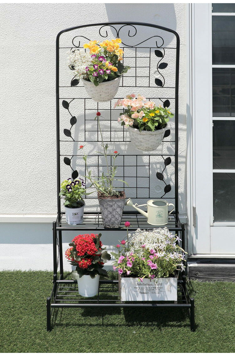 フェンス付き フラワースタンド スリム 2段 幅60cm ガーデンフェンス ラティス アイアン フェンス ガーデニング 花台 棚 ガーデン ハンギング ベランダ 目隠し プランターラック スチール(代引不可)