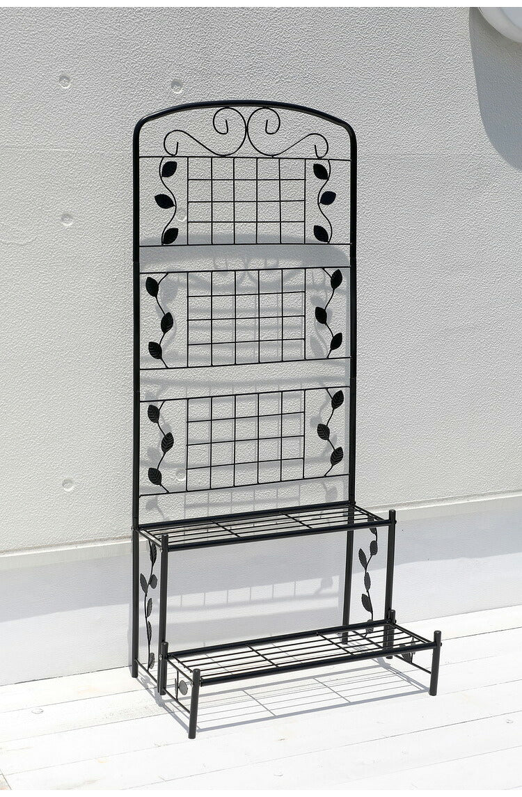 フェンス付き フラワースタンド スリム 2段 幅60cm ガーデンフェンス ラティス アイアン フェンス ガーデニング 花台 棚 ガーデン ハンギング ベランダ 目隠し プランターラック スチール(代引不可)