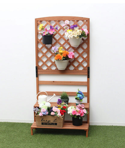 木製フラワースタンド 2段 屋外 フェンス付き ガーデニング 花壇 ガーデン 棚 ベランダ プランターラック フラワーラック 花台 鉢植 観葉植物 鉢植えスタンド(代引不可)