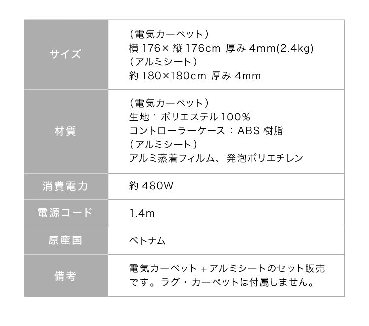 電気カーペット 2畳 正方形 176×176 ホットカーペット ホットマット ダニクリーン アルミ保温シート付 ダニ退治 省エネ