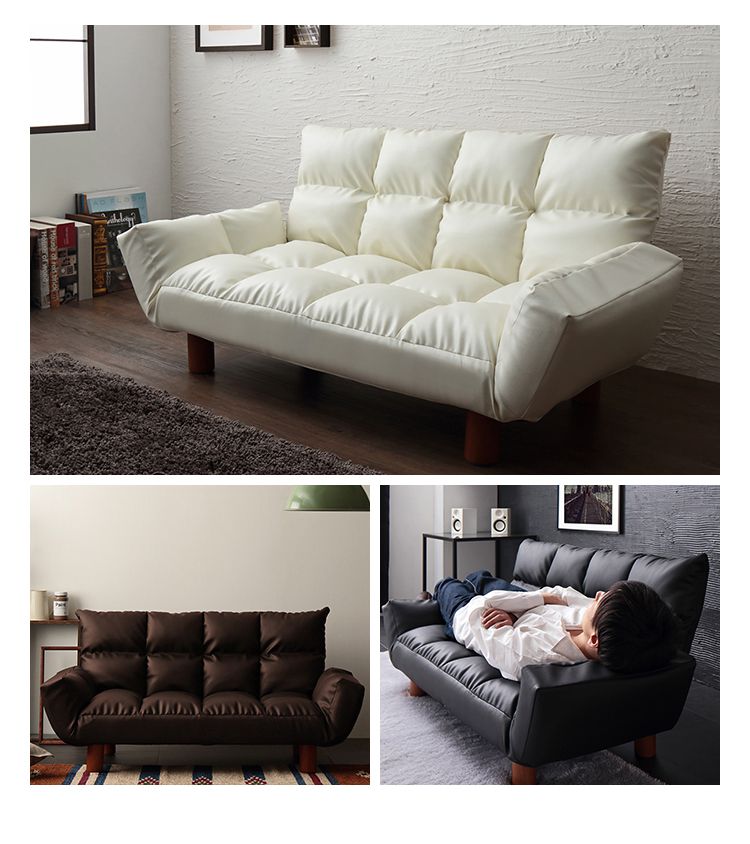 カウチソファ コンパクト 幅115cm 1人暮らし 6段階リクライニング 天然木 2WAY お手入れ簡単 PVCレザー ブラック ホワイト ダークブラウン モダン モノトーン かっこいい おしゃれ シンプル 座椅子 ローソファ メイソン