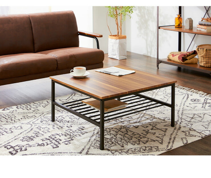センターテーブル 正方形 おしゃれ 棚付き 収納 木目 スチール ブラウン リビング テレワーク 在宅勤務 一人暮らし 新生活 テーブル ローテーブル リビングテーブル 座卓 棚付 モダン レトロ 北欧 ヴィンテージ