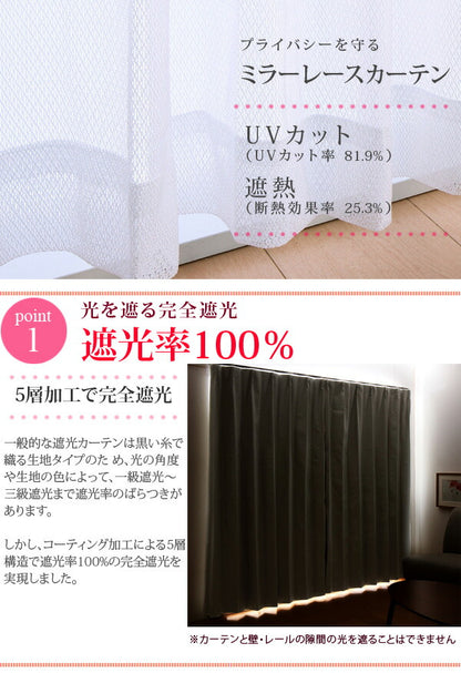カーテン 遮光 遮熱 遮光カーテン 北欧 アイボリー 裏地 ウォッシャブルミラーレース [一級遮光・防音・遮熱カーテン2枚×ミラーレース2枚 4枚組 【chic シック】 幅100ｃｍ 丈135～200ｃｍ]