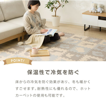 パズルマット ジョイントマット 36枚組 動物柄 くすみカラー 32×32cm 10mm 厚手 防音 保温 衝撃吸収 滑り止め 耐熱 抗菌 防臭 水洗いOK 北欧 ナチュラル 淡色 プレイマット マット 知育 子供部屋