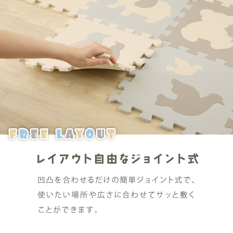 パズルマット ジョイントマット 36枚組 動物柄 くすみカラー 32×32cm 10mm 厚手 防音 保温 衝撃吸収 滑り止め 耐熱 抗菌 防臭 水洗いOK 北欧 ナチュラル 淡色 プレイマット マット 知育 子供部屋
