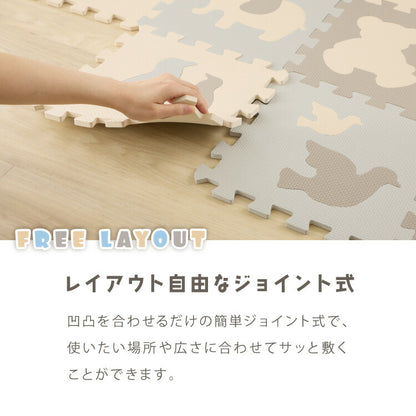 パズルマット ジョイントマット 36枚組 動物柄 くすみカラー 32×32cm 10mm 厚手 防音 保温 衝撃吸収 滑り止め 耐熱 抗菌 防臭 水洗いOK 北欧 ナチュラル 淡色 プレイマット マット 知育 子供部屋