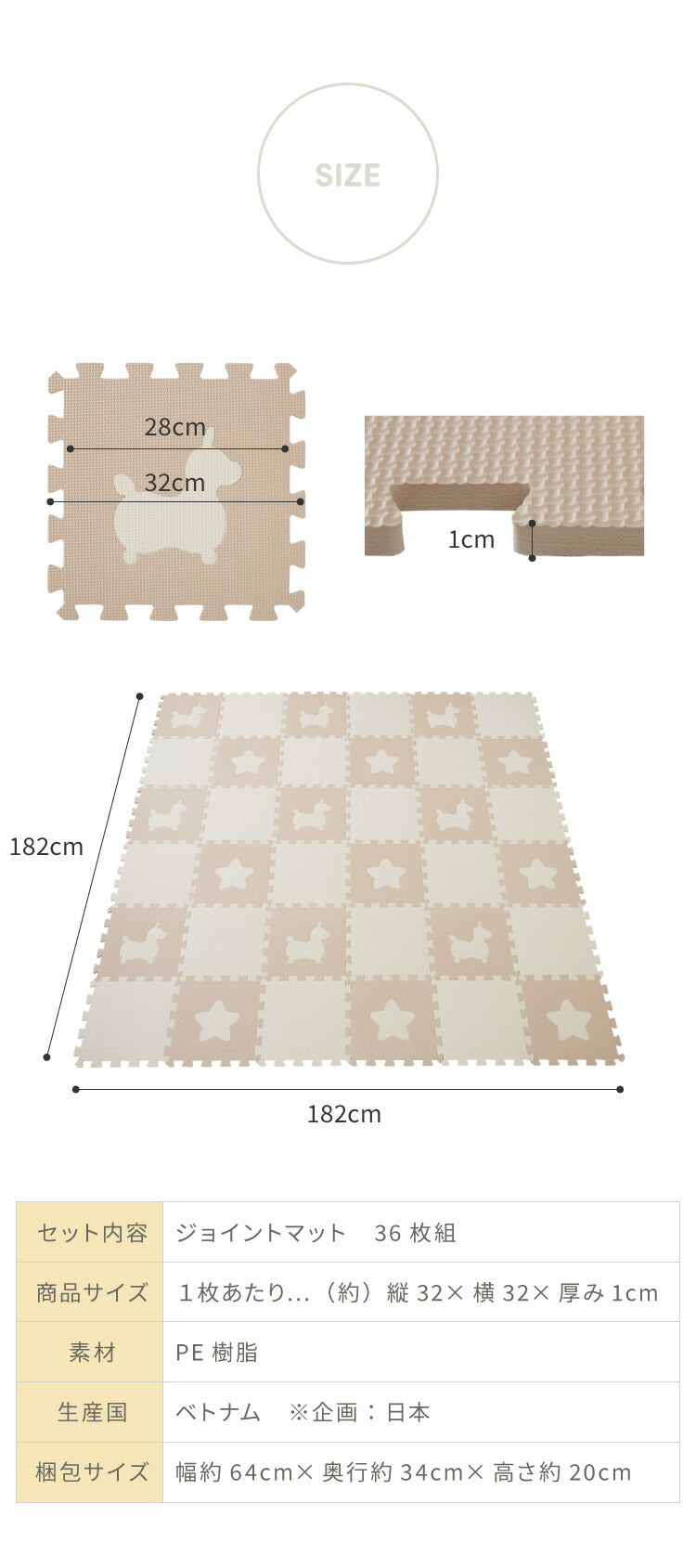 ジョイントマット 36枚組 32x32cm キッズ 子供部屋 ベビー 赤ちゃん フロアマット プレイマット ベビーマット 幼児 子供部屋 防音 断熱 保温 水洗い かわいい 可愛い おしゃれ 抗菌 防臭 加工 床暖房対応 厚手 Rody ロディ