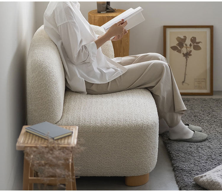 アームソファ 北欧風 木脚 天然木 アジャスター付き ブークレ生地 ローソファ 肘掛け ソファ 韓国インテリア 一人暮らし ワンルーム リビング 新生活 右肘 左肘 ソファー 幅115cm 脚 取り外し可(代引不可)