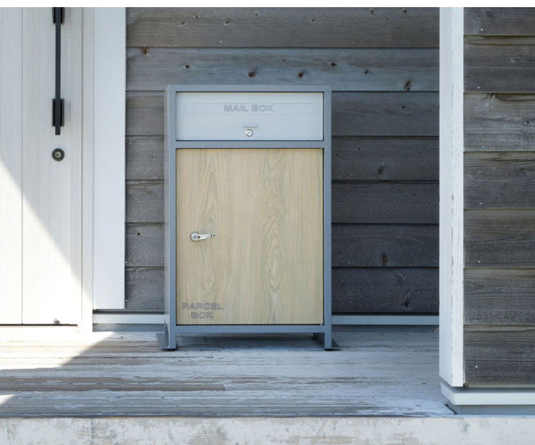 ルーノ宅配ボックス ブラック グレー スタンドポスト 郵便ポスト付き 一体型 郵便受け メッセージステッカー付き 木製風 木目 大容量 スチール製 鍵付き 印鑑ホルダー(代引不可)