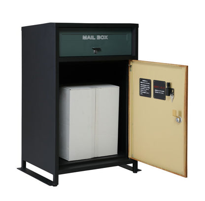 ルーノ宅配ボックス ブラック グレー スタンドポスト 郵便ポスト付き 一体型 郵便受け メッセージステッカー付き 木製風 木目 大容量 スチール製 鍵付き 印鑑ホルダー(代引不可)