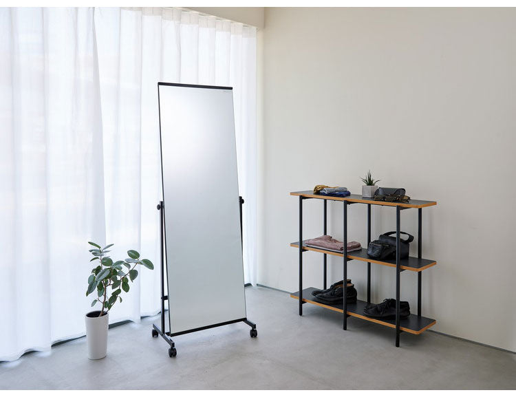 スタンドミラー 大型 幅57 奥行き36 高さ158.5 ミラー 鏡 全身鏡 姿見 スチール製 スチールフレーム キャスター付 ストッパー付 飛散防止 おしゃれ シンプル(代引不可)