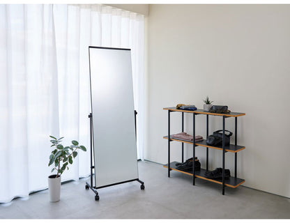 スタンドミラー 大型 幅57 奥行き36 高さ158.5 ミラー 鏡 全身鏡 姿見 スチール製 スチールフレーム キャスター付 ストッパー付 飛散防止 おしゃれ シンプル(代引不可)