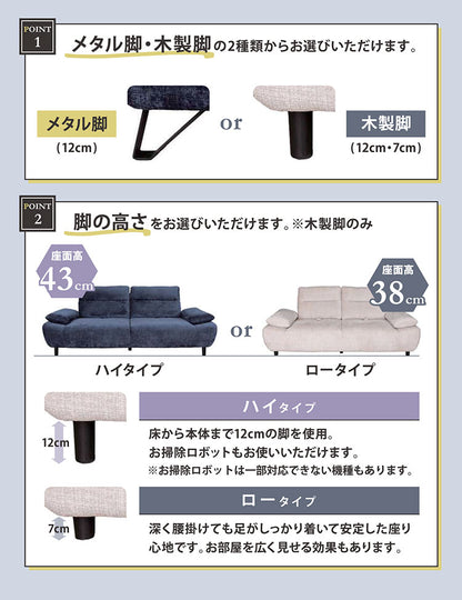 クラウン 2.5P ソファ ソファー 背可動式 7cm 木製脚 撥水 撥水加工 ロータイプ 肘掛 角度調節 背もたれ可動式 高級感 ポケットコイル Sバネ 幅197cm 奥行105cm(代引不可)