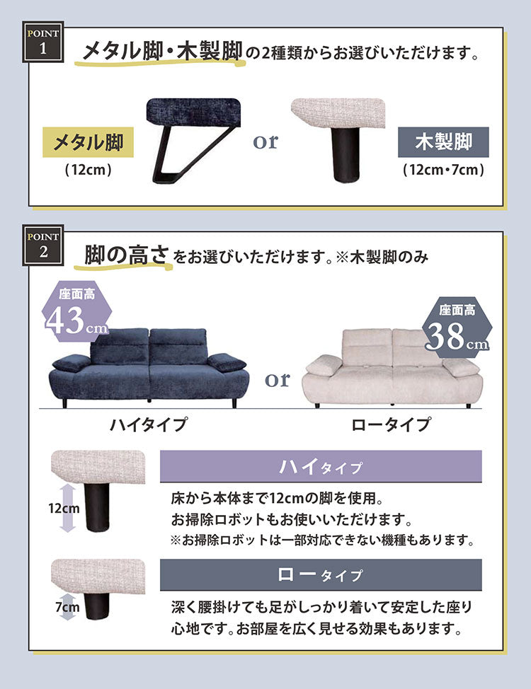 クラウン 2.5P ソファ ソファー 背可動式 7cm 木製脚 撥水 撥水加工 ロータイプ 肘掛 角度調節 背もたれ可動式 高級感 ポケットコイル Sバネ 幅197cm 奥行105cm(代引不可)