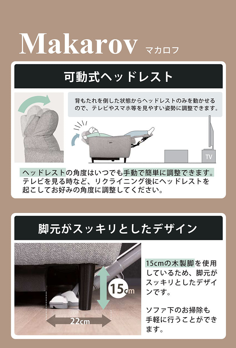 マカロフ 2.5P ソファ モーションソファ リクライニング カウチ USBポート ノックダウン仕様 ヘッドレスト 充電電動 可動式 木製脚 幅165cm 奥行96cm-160cm(代引不可)