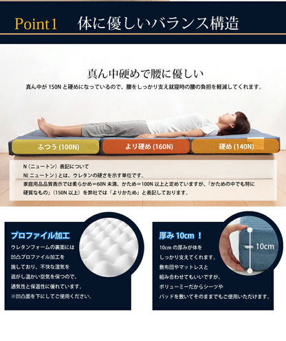 Achilles アキレス 日本製 バランス マットレス シングル 三つ折り 3つ折り ウレタン バランスマットレス 厚さ10cm 国産 キルト加工 腰部硬め 腰かため プロファイル加工 コンパクト シングルマットレス (代引不可)